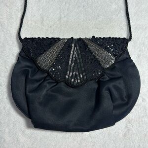 Vintage Black Beaded Satin Evening Bag